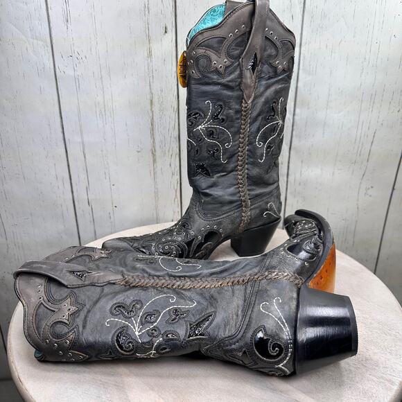 CORRAL Womens Tall Cowboy Boots 9 M Black Studded Overlay Crystal Boot C3934 NWT - Picture 13 of 13